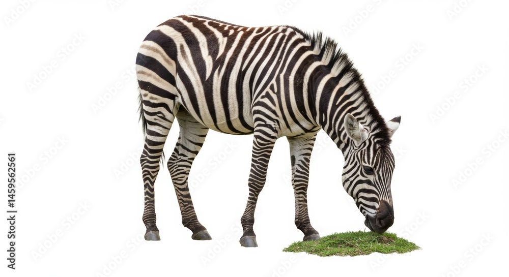 Obraz premium Zebra Grazing on Grass Isolated on White Background Captures the Essence of African Wildlife and Natural Habitat in a Striking Wildlife Image Perfect for Educational or Conservation Projects
