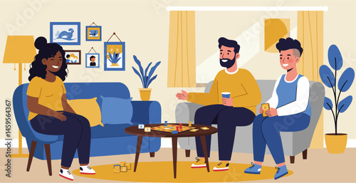 Vector illustration of a group of diverse friends having a night of board games