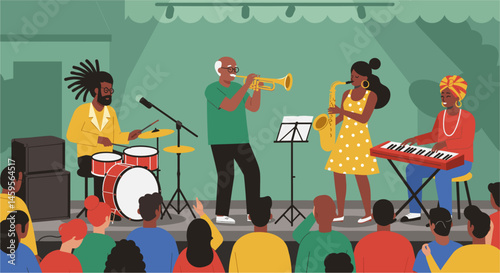 Diverse group of musicians playing together on a street stage. Colorful minimalist illustration