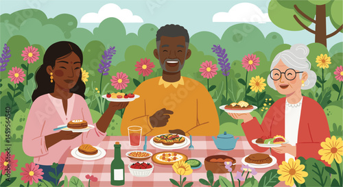 Diverse group of neighbors gathered for a community picnic in a flower-filled garden, sharing food and laughter.