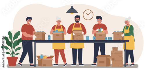 Diverse group of volunteers packing food boxes in a community center. Different generations and ethnicity working together for a common cause