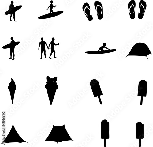 "Summer Vacation Silhouette Icon Set – Beach and Holiday Elements"