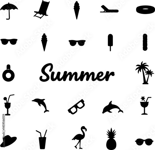 "Summer Vacation Silhouette Icon Set – Beach and Holiday Elements"
