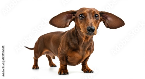 Adorable dachshund with floppy ears looking at the camera on white background captures the breed's unique charm and playful personality perfectly for pet lovers and dog enthusiasts
