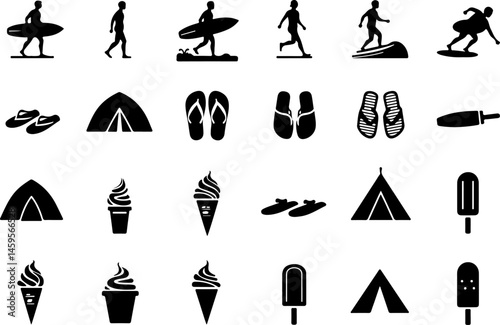 "Summer Vacation Silhouette Icon Set – Beach and Holiday Elements"