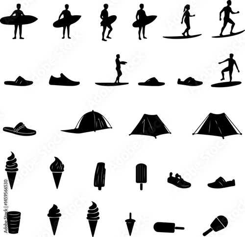 "Summer Vacation Silhouette Icon Set – Beach and Holiday Elements"