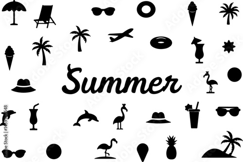 "Summer Vacation Silhouette Icon Set – Beach and Holiday Elements"