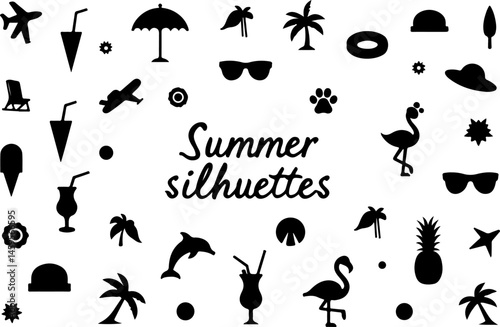 "Summer Vacation Silhouette Icon Set – Beach and Holiday Elements"