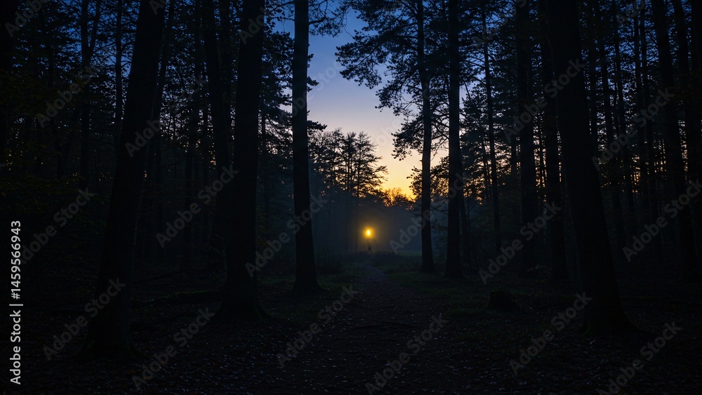 Fototapeta premium Dark Forest with Person Silhouette Walking Towards Bright Light
