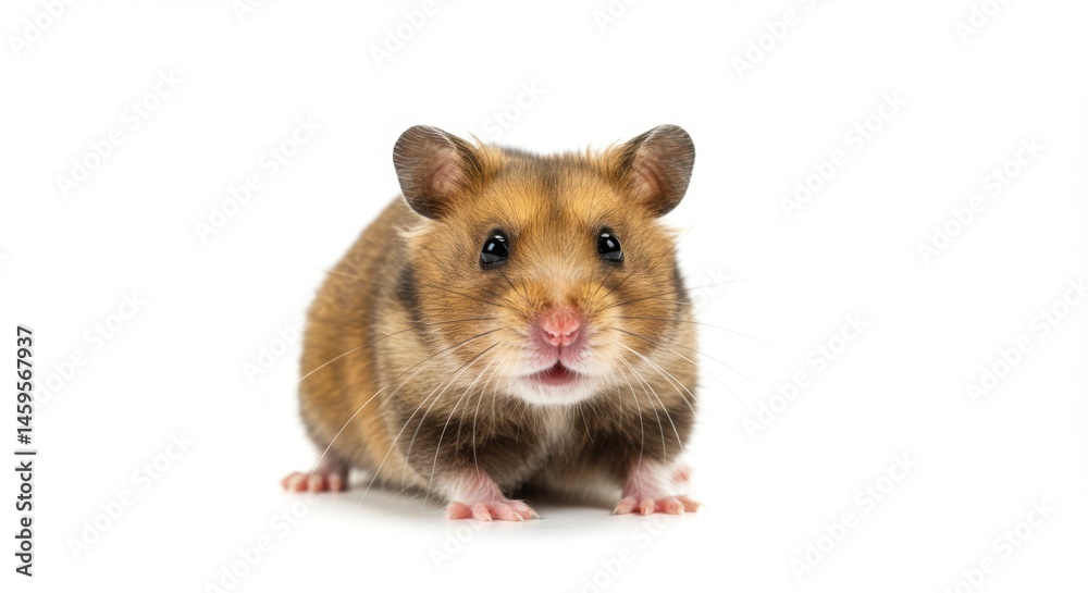 Adorable golden hamster standing on white background looking at camera, cute pet rodent in studio shot, domestic animal photo for advertising and marketing Adorable golden hamster standing on white background looking at camera, cute pet rodent in studio shot, domestic animal photo for advertising and marketing