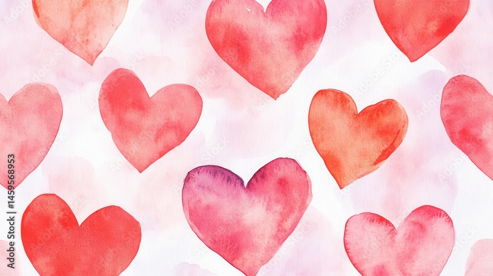 Obraz premium A pattern of various watercolor hearts in shades of red on a white background.