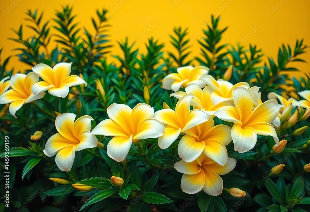 Obraz premium Vibrant yellow & white blooms, lush green foliage against sunny yellow backdrop, beauty, petals