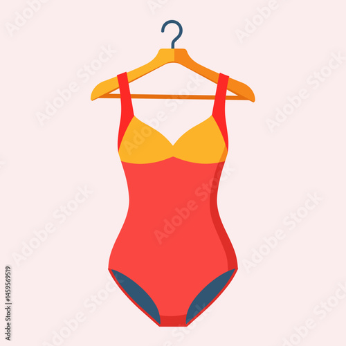 Vibrant red swimsuit hanging on a wooden hanger against pink background  