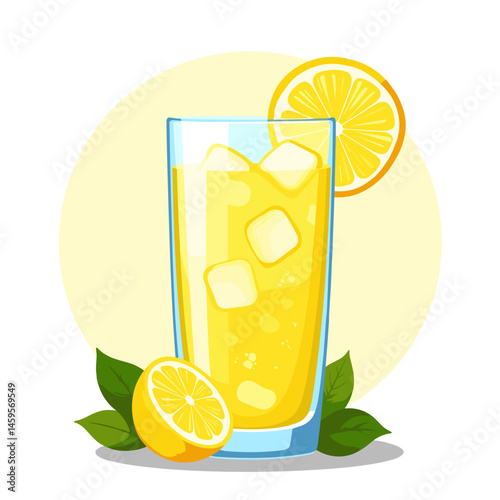 Refreshing lemonade drink with ice and lemon against a sunny background  