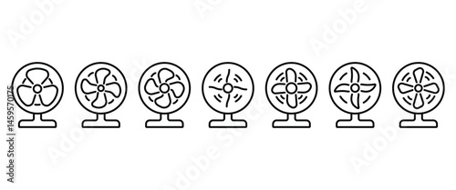 Simple Fan set  of Stand floor fan linear icon. Home cooling fan. Thin line illustration. Household appliance Vector isolated in transparent background. Icon set. Editable Stroke.