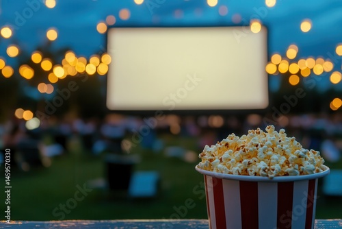 Popcorn at outdoor movie night. Summer entertainment concept, perfect for evenings under the stars with friends and family. Food, fun, and film!