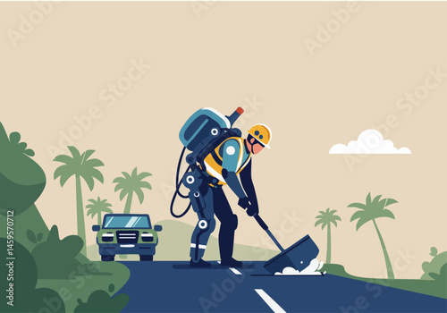 Construction worker uses an exoskeleton to break asphalt on a sunny day. Dynamic action shot with a rural backdrop. Modern technology meets manual labor.