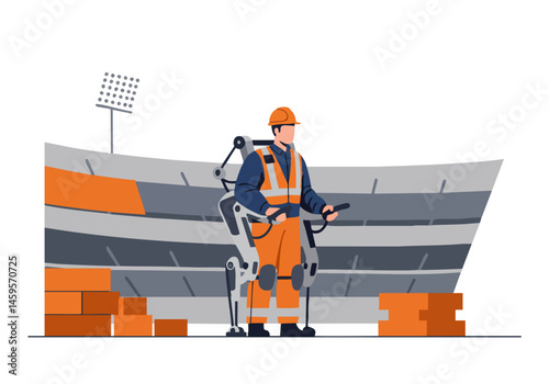 Construction worker utilizes an exoskeleton at a stadium, showcasing innovative safety technology. Modern, industrial setting with a bright, dynamic composition.