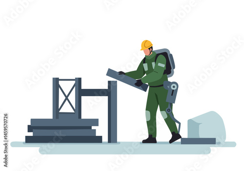 Construction worker utilizes an exoskeleton to lift steel beams.  A modern, safe work scene.  Clear, professional image.