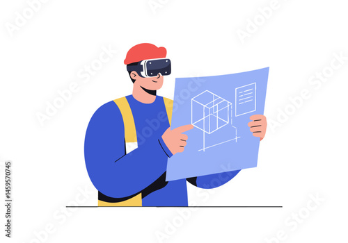 A construction worker wearing a hard hat and VR goggles examines a 3D architectural blueprint. Modern illustration, clean design, professional.