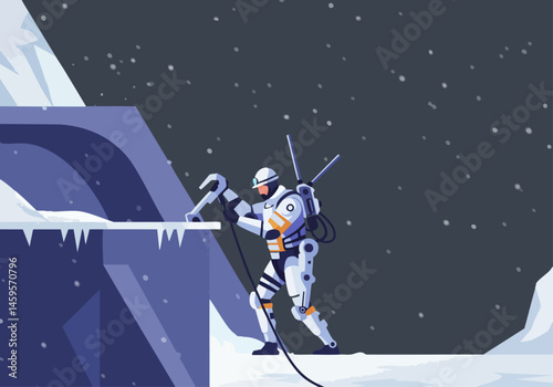 A construction worker utilizes an exoskeleton to work on a snowy mountain structure. Dramatic, futuristic, and visually striking.