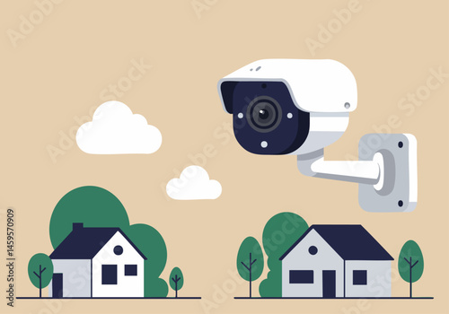 A modern security camera monitors two houses with trees and clouds. Clean, vector illustration style. Suitable for security, home, technology themes.