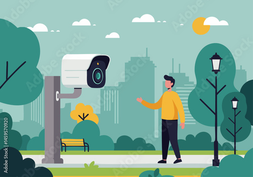 A man walks past a security camera in a park, with a city skyline in the background. Modern illustration, bright colors, peaceful scene.