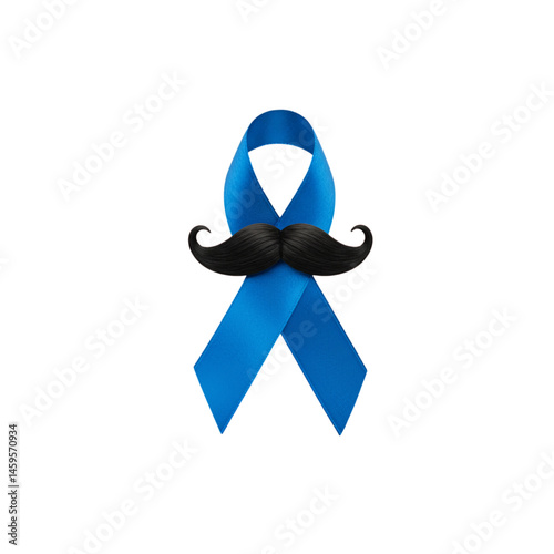 A blue ribbon with a black mustache on a solid black background