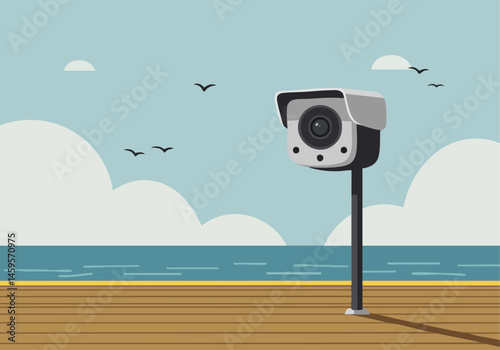 A modern security camera overlooks a serene coastal scene. Birds fly overhead against a blue sky and ocean backdrop. Clean, minimalist design.