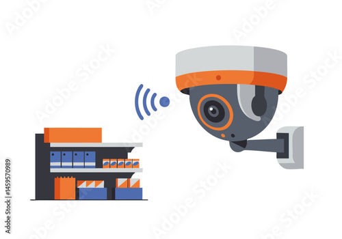 Modern security camera monitors a retail building. Clean, graphic illustration. Suitable for business and technology concepts.