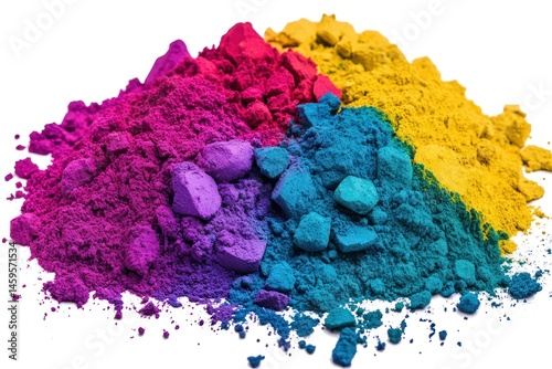 A vibrant explosion of multicolored Holi powder in the air, creating a cloud of vivid red, yellow, blue, green, and purple hues, with the powder scattering against a pure white background