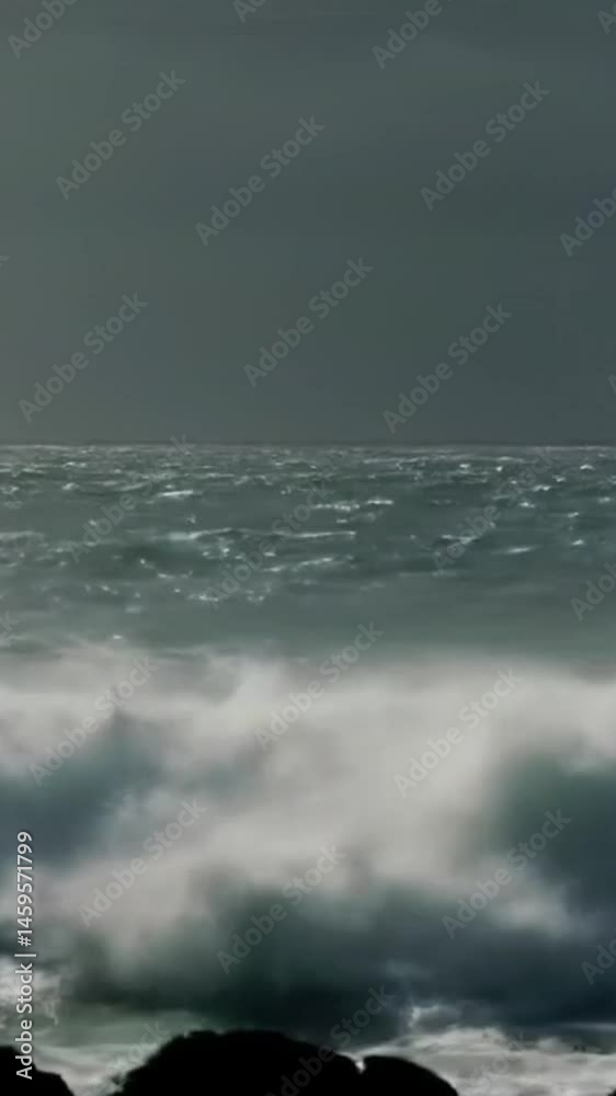 Stormy ocean waves crashing on shore with dark clouds rolling in dramatic weather footage view nature