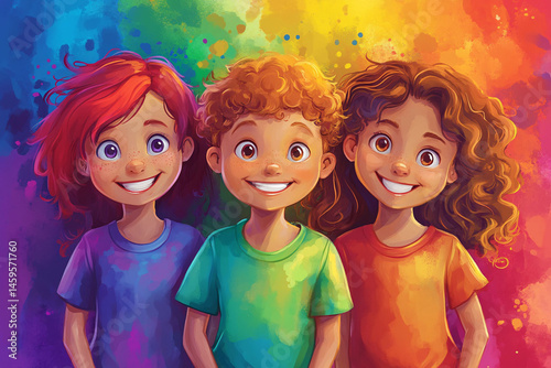 Painting of smiling cartoon children celebrating Children's Day and holy festivals , symbolizing nursery/Montessori themes and joyful unity
