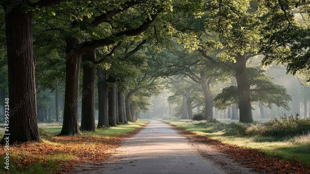 Naklejka premium Serene Tree-Lined Pathway Under Soft Morning Light in a Forest