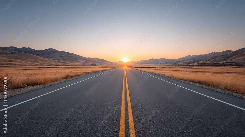 Naklejka premium Serene Landscape at Sunrise with Open Road and Mountains in View