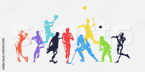 Sports, group of athletes of various sports disciplines. Isolated vector silhouettes. Run, soccer, hockey, volleyball, basketball, rugby, baseball, american football, golf