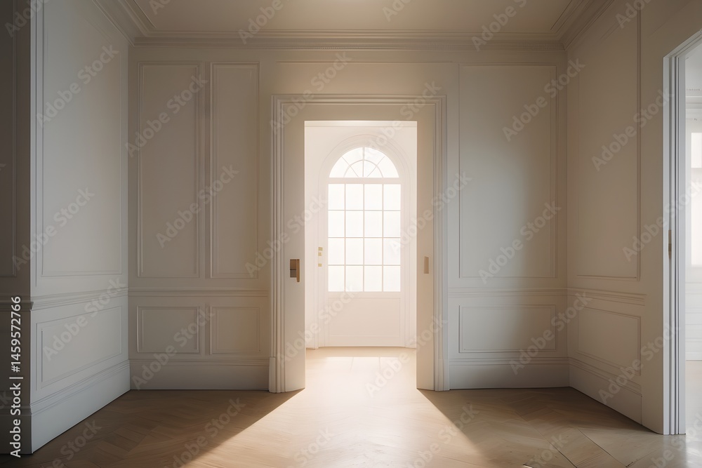 Obraz premium Sunlit Hallway with Arched Window and Paneled Walls