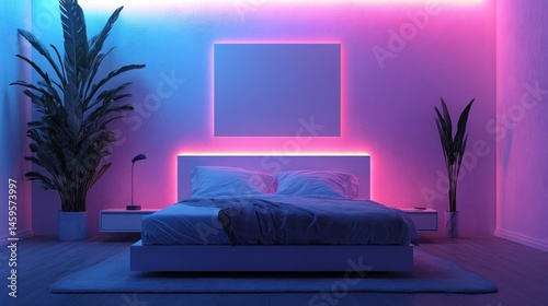 Modern bedroom interior with neon lighting