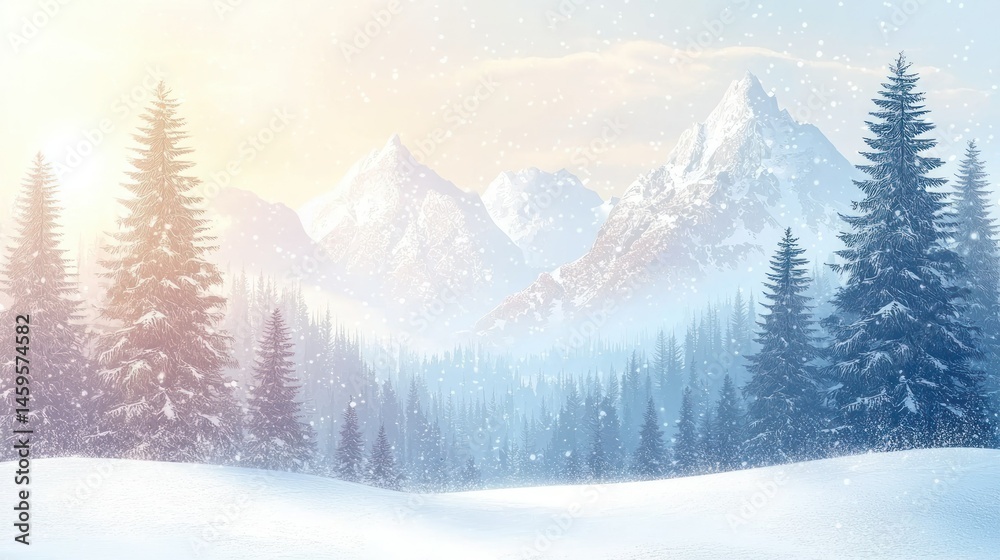 Naklejka premium Snowy mountain range landscape, winter scene