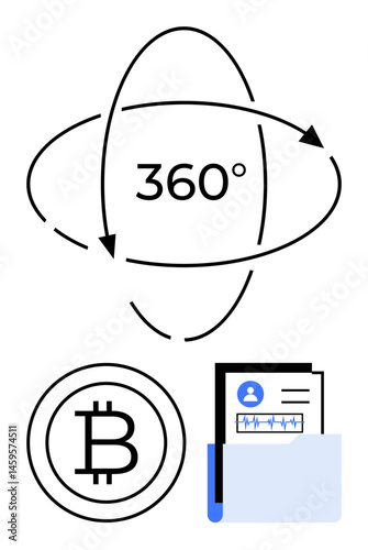 Circular arrows forming a 360 rotation, Bitcoin symbol, and a folder with a personal profile card. Ideal for cryptocurrency, analysis, finance, technology, data security business themes. Flat