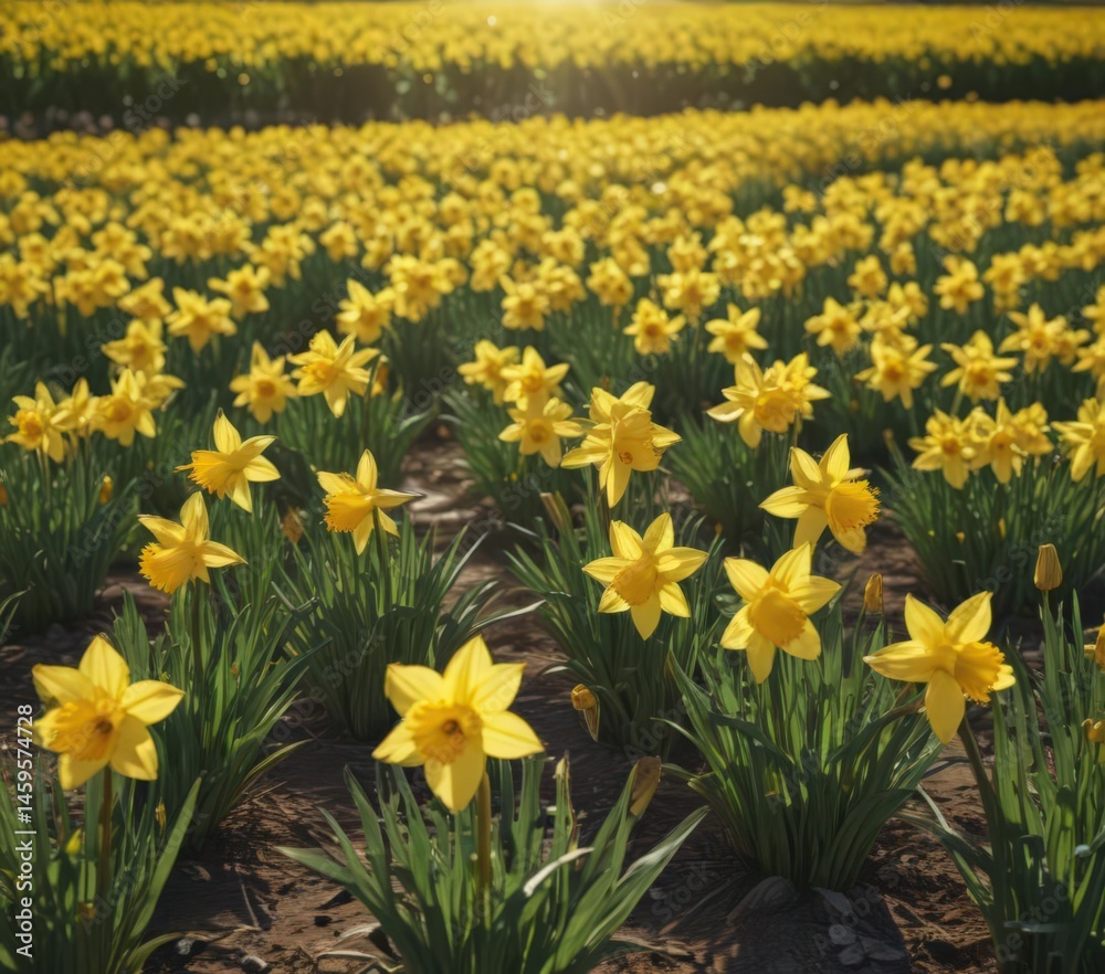 Obraz premium Sunlit daffodil field, vibrant yellow petals gleaming , botany, yellow