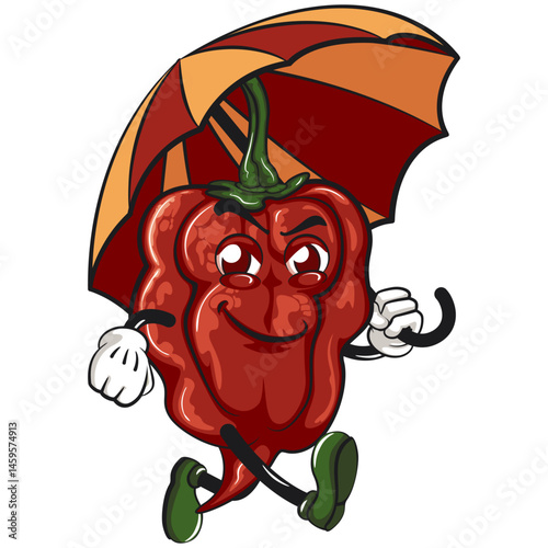 character mascot of a carolina reaper chili cartoon vector isolated clip art illustration walking with an umbrella, work of hand drawn