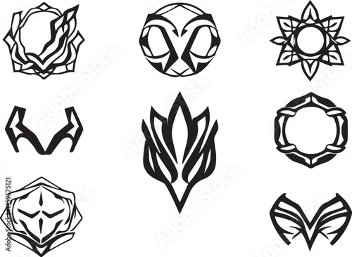 A set of vector elements, modern flat design with intricate black lines and futuristic aesthetics of sharp angles and smooth curves, simple two-dimensional shapes, soft dreamy atmosphere and high tech
