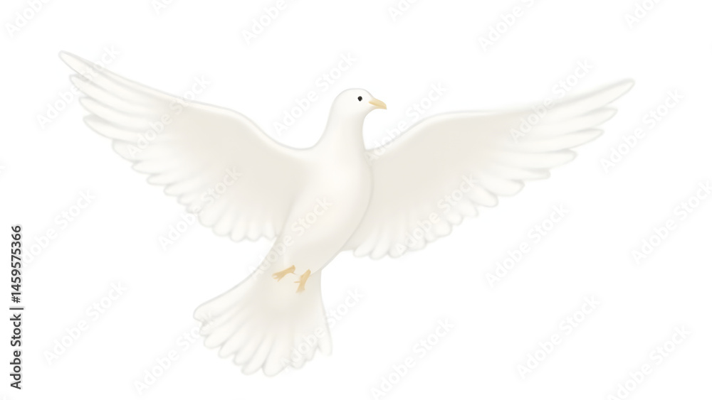 Fototapeta premium A pure white dove in flight, symbolizing the Holy Spirit, with detailed feathers and a clean white background for versatile use in spiritual and religious designs.