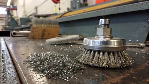 A steel brush next to metal filings