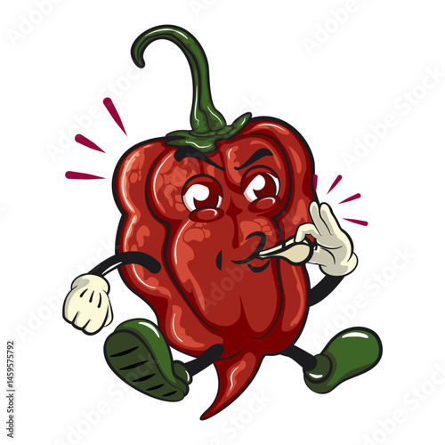 character mascot of a carolina reaper chili cartoon vector isolated clip art illustration blowing the whistle, work of hand drawn