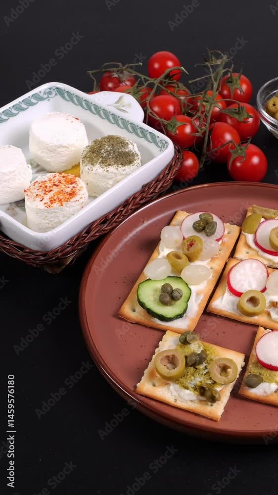 Video verticale, tartine di cracker, formaggio, pomodori, olive, capperi verdure, formaggi tomini nella ciotola