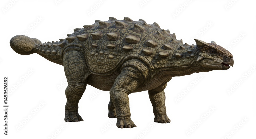 Fototapeta premium Ankylosaurus dinosaur armored with bony plates and a club-like tail, standing isolated against a white background, showcasing its prehistoric appearance and robust defense mechanisms