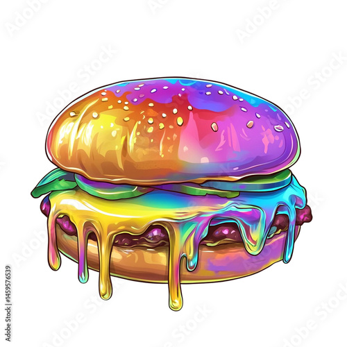 psychedelic burger dripping rainbow cheese