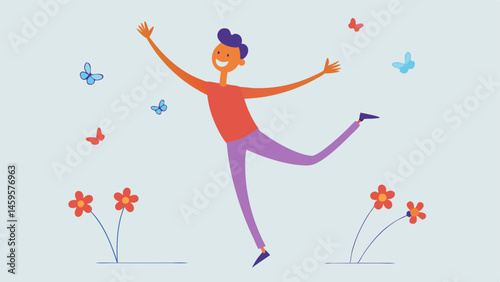 Playful Chaos A character in a playful pose with one leg raised as if dodging an imagined obstacle. Their arms are waving madly trying to swat away the invisible web. The web is